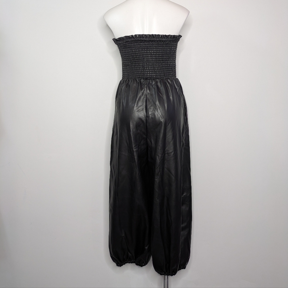 Anthropologie Black Strapless Smocked Leather Jumpsuit - Picture 2 of 10